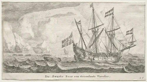 Various Ships and Views of Amsterdam (Verscheÿde Schepen en Gesichten van Amstelredam), Part II: The Black Bear, a Greenland Whaler by Clement de Jonghe, print, 1652-1654