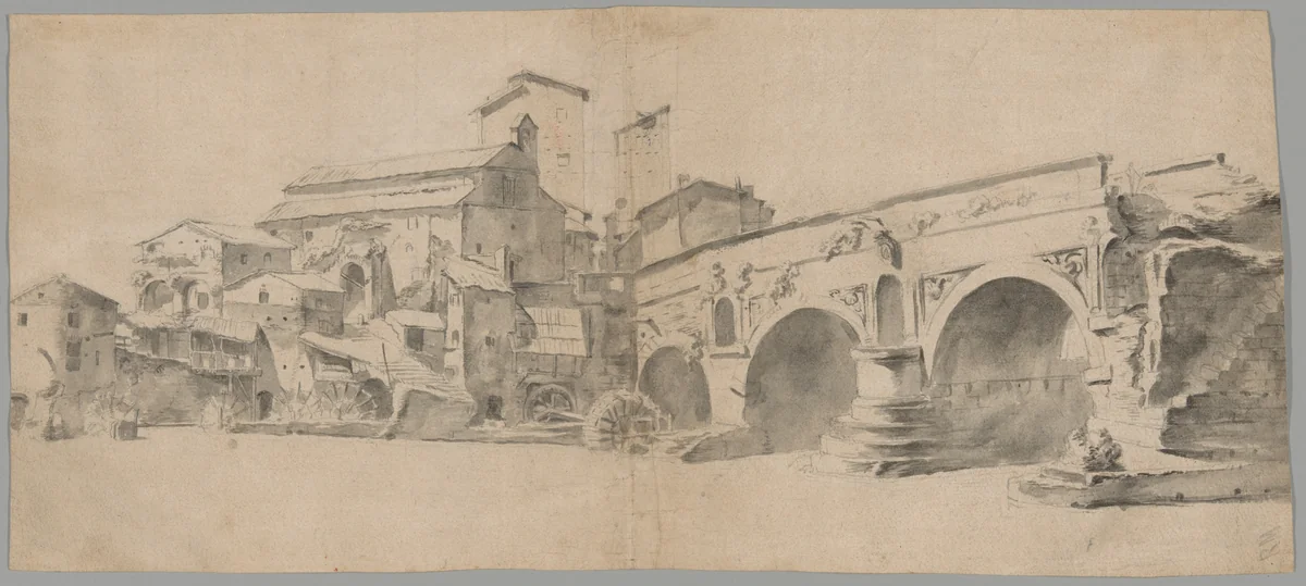 View of the Ponte Rotto, Rome, with Watermills by Jan Asselijn, drawing, 1635-1639