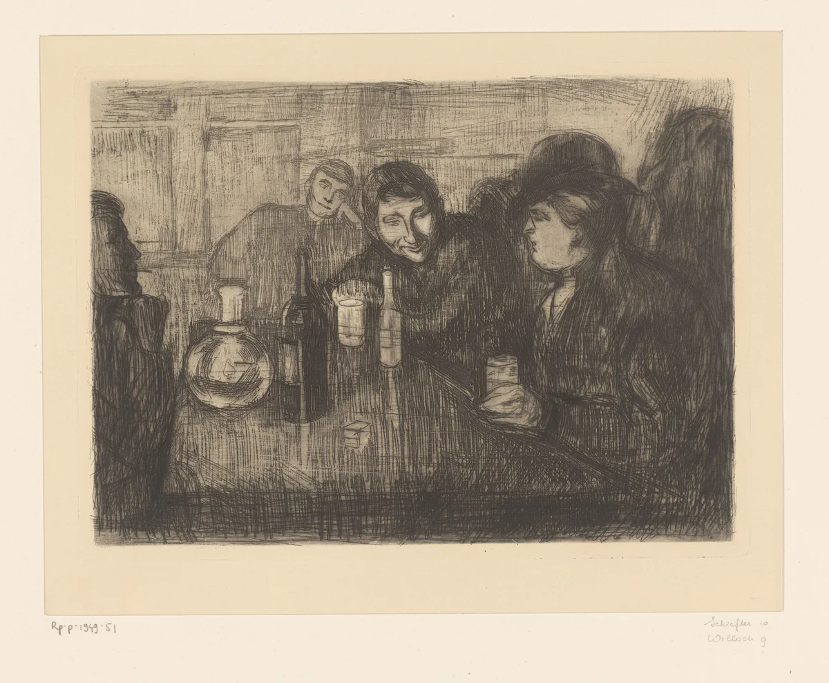 Mannen rond een tafel in een café by Edvard Munch, print, 1895