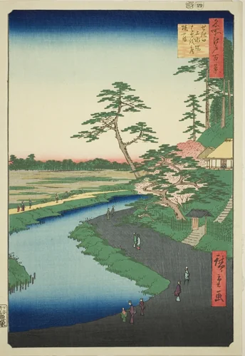 Basho's Hut on Camellia Hill Beside the Aquaduct at Sekiguchi (Sekiguchi josui-bata Bashoan Tsubakiyama), from the series "One Hundred Famous Views of Edo (Meisho Edo hyakkei)" by Utagawa Hiroshige (歌川広重), print, 1857