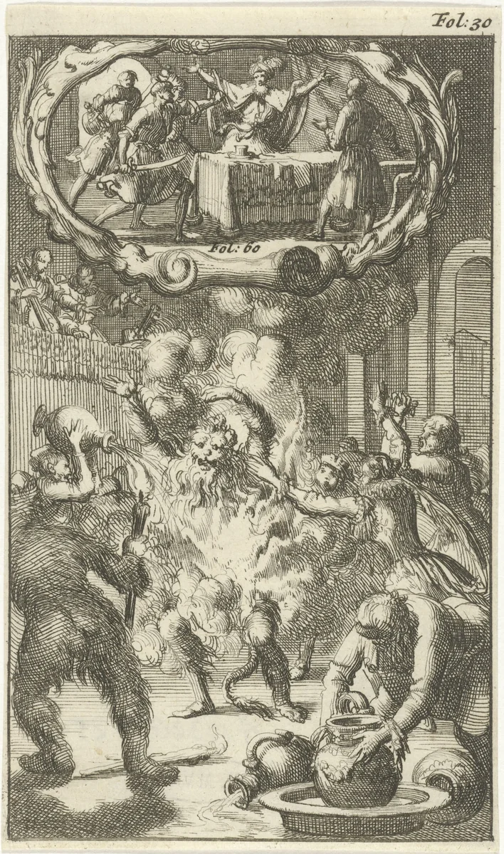 Karel VI, koning van Frankrijk, vat vlam op een gemaskerd feest / Ablabius op last van Constantijn de Grote vermoord by Jan Luyken, print, 1687