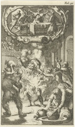 Karel VI, koning van Frankrijk, vat vlam op een gemaskerd feest / Ablabius op last van Constantijn de Grote vermoord by Jan Luyken, print, 1687