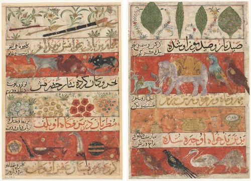 Animals, Precious Stones, Coins, and Musical Instruments (recto); Animals, Birds, and Plants (verso) from a Mu'nis al-Ahrar fi Daqa'iq al-Ash'ar (The Free Men's Companion to the Subtleties of Poems) of Muhammad Ibn Badr al-Din Jajarmi (active 1340s) by Unknown, manuscript, 1340-1345