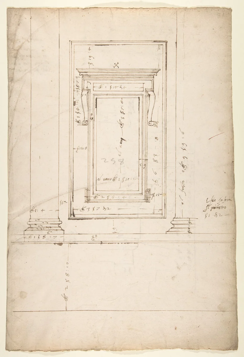 San Lorenzo, Library, window, elevation (recto) San Lorenzo, Library, window, cornice, section; cornice, section (verso) by anonymous, drawing, 1500-1560