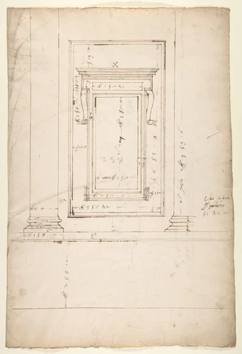 San Lorenzo, Library, window, elevation (recto) San Lorenzo, Library, window, cornice, section; cornice, section (verso) by anonymous, drawing, 1500-1560