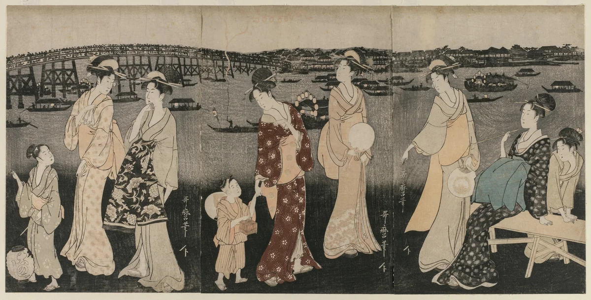 Enjoying the Evening Cool Along the Sumida River by Kitagawa Utamaro (喜多川歌麿), print, 1797-1798