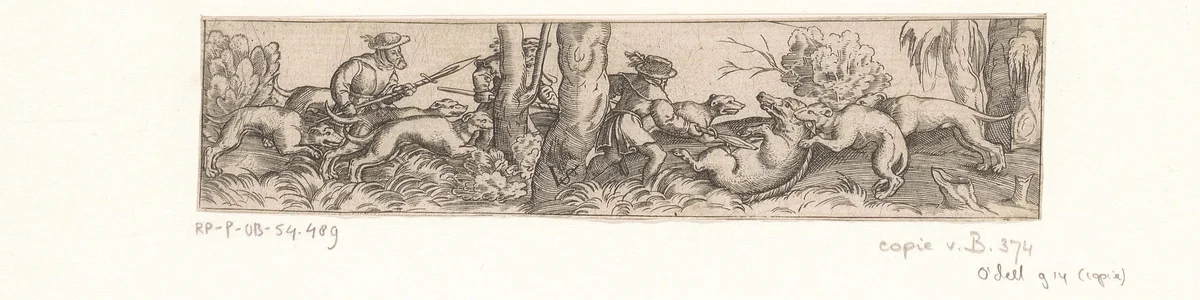 Wilde zwijnenjacht met drie jagers by anonymous, print, 1524-1612