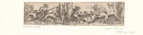 Wilde zwijnenjacht met drie jagers by anonymous, print, 1524-1612