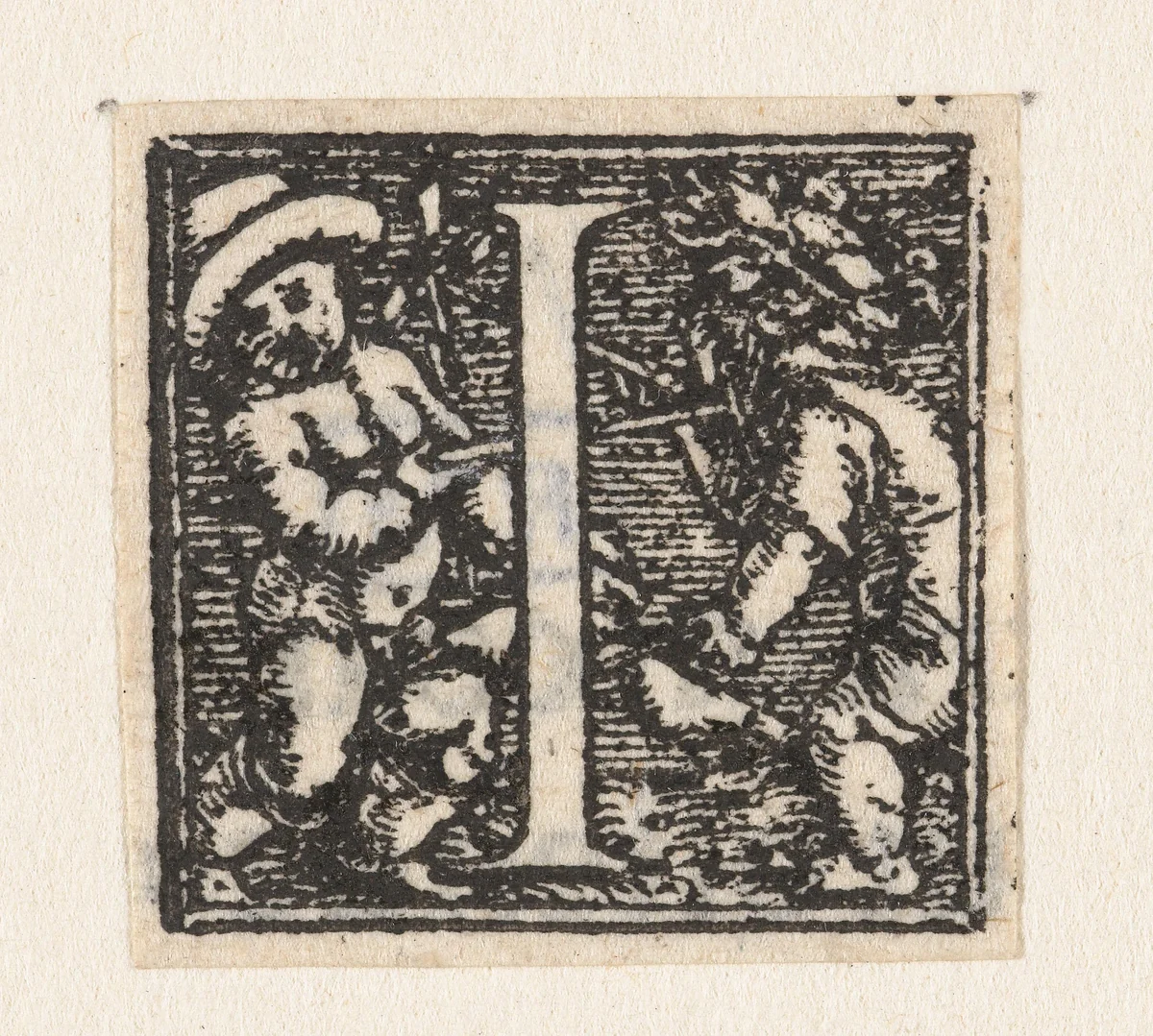 Letter I met twee kinderen op stokpaardjes by Hans Holbein, print, 1522-1526