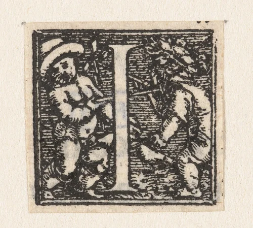 Letter I met twee kinderen op stokpaardjes by Hans Holbein, print, 1522-1526
