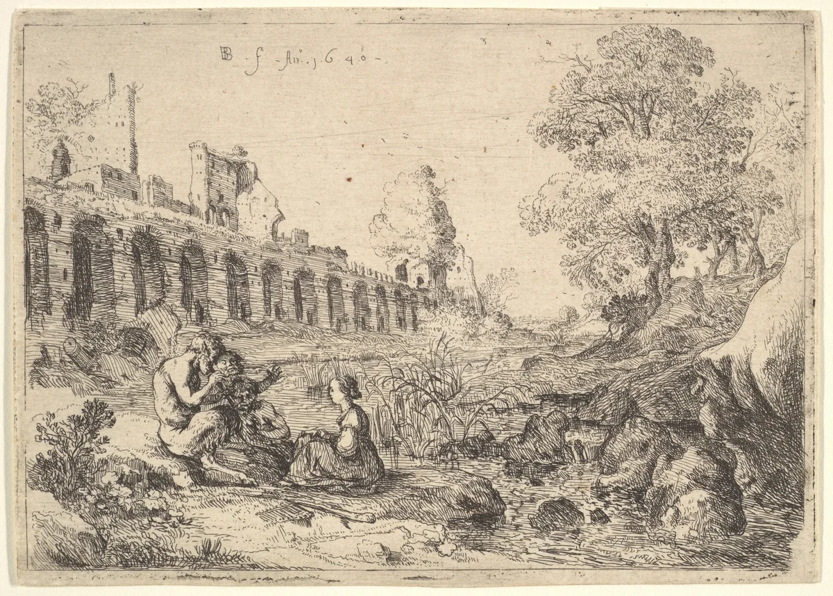 Corsica seated before satyrs on the bank of a river, from a pair of plates for Battista Guarini's "Il Pastor fido" by Bartholomeus Breenbergh, print, 1640