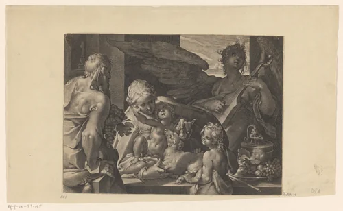 Heilige Familie met Johannes de Doper en engel by Lucas Kilian, print, 1605