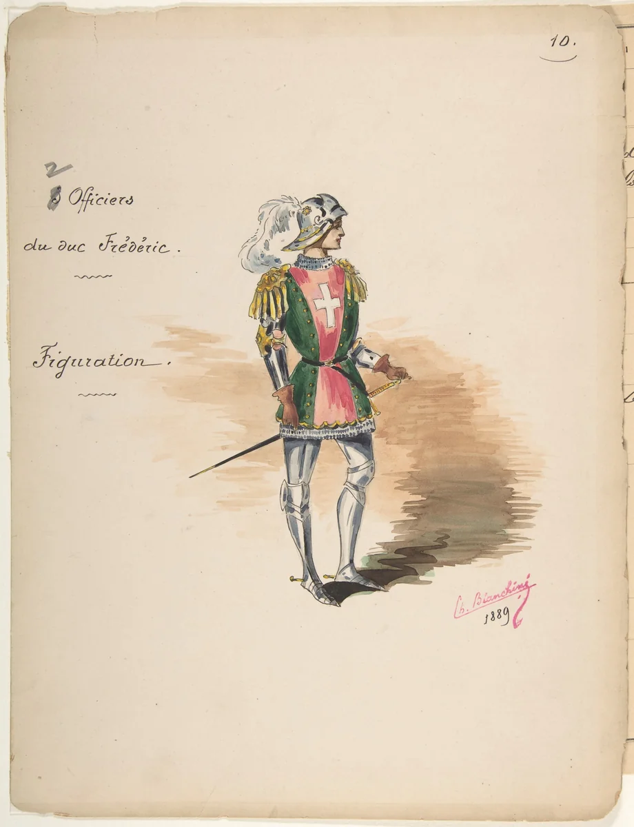 Costume Design for "Officiers du duc Frédéric" [a]; Descriptive Sheet of Costume Accessories [b] by Charles Bianchini, drawing, 1889