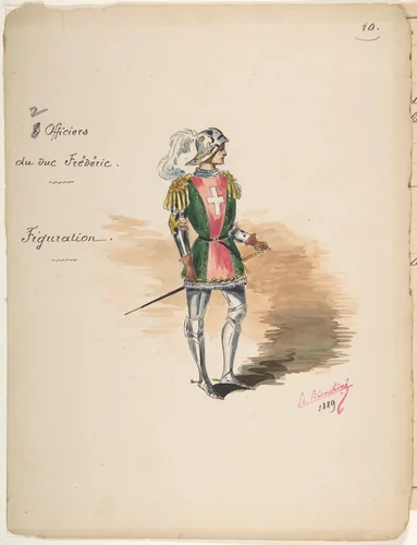 Costume Design for "Officiers du duc Frédéric" [a]; Descriptive Sheet of Costume Accessories [b] by Charles Bianchini, drawing, 1889