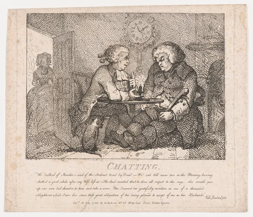 Chatting (Picturesque Beauties of Boswell, Part the First) by Thomas Rowlandson, print, 1786