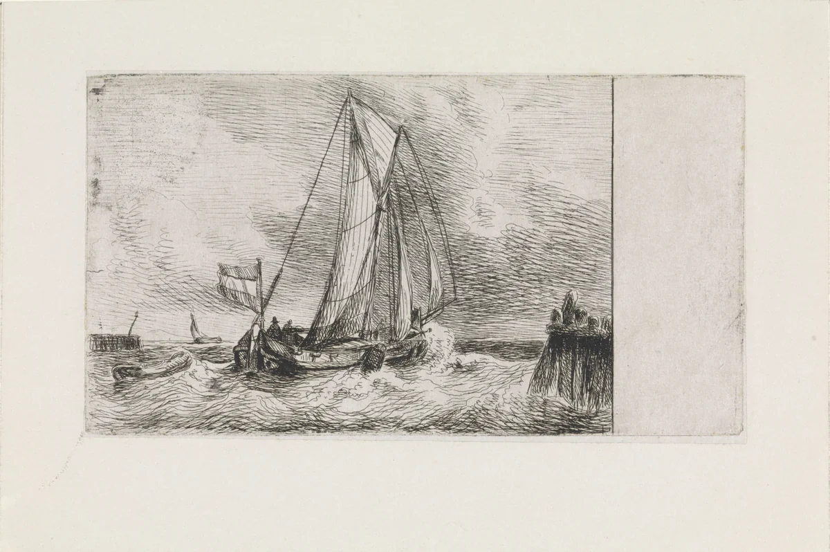 Zeegezicht met schip by Petrus Johannes Schotel, print, 1823-1865