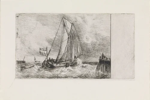 Zeegezicht met schip by Petrus Johannes Schotel, print, 1823-1865