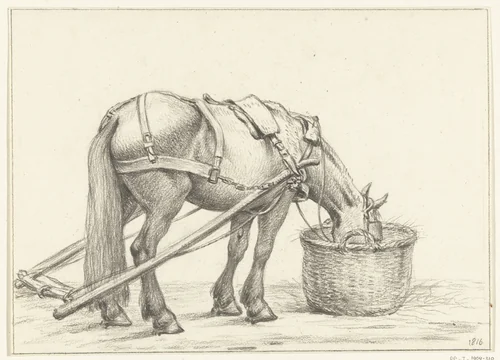 Paard etend uit een mand, naar rechts by Jean Bernard, drawing, 1816