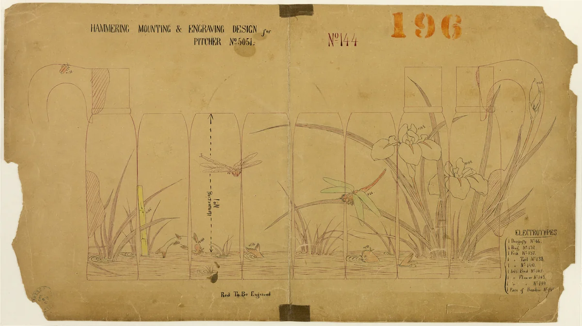 Hammering, Mounting and Engraving Design for Pitcher No. 5051 by Tiffany and Company, print, 1878
