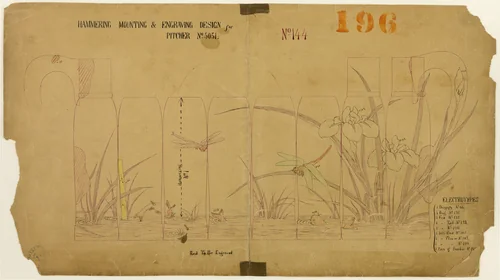Hammering, Mounting and Engraving Design for Pitcher No. 5051 by Tiffany and Company, print, 1878