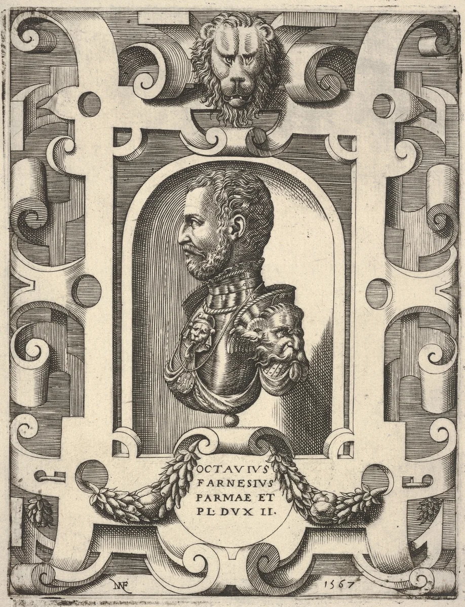 Bust portrait of Ottavio Farnese, shown in profile within a niche, surrounded by an ornamented cartouche by Nicolò Nelli, print, 1567