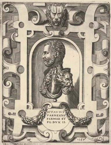 Bust portrait of Ottavio Farnese, shown in profile within a niche, surrounded by an ornamented cartouche by Nicolò Nelli, print, 1567