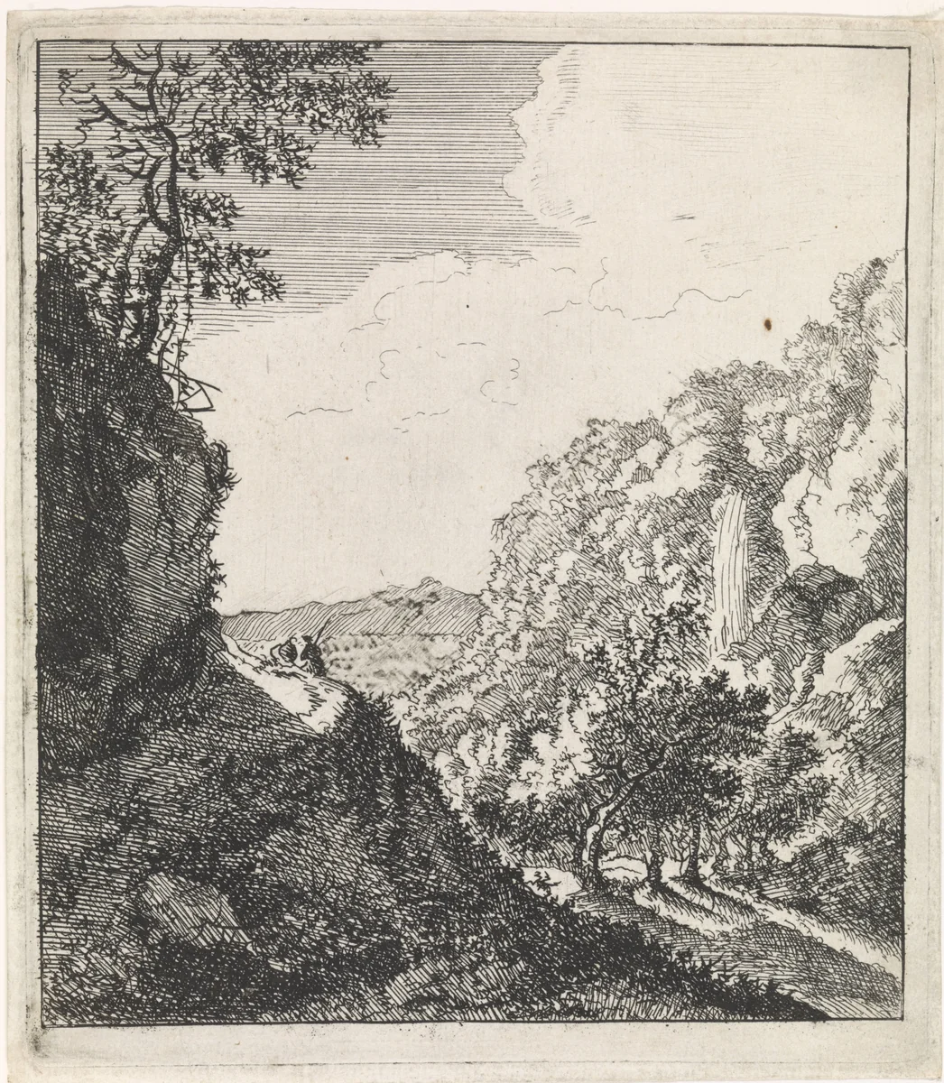 Berglandschap met twee zittende figuren by Jacob Lutma, print, 1634-1654