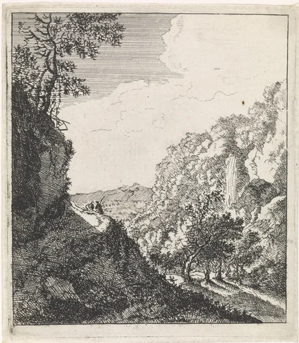 Berglandschap met twee zittende figuren by Jacob Lutma, print, 1634-1654