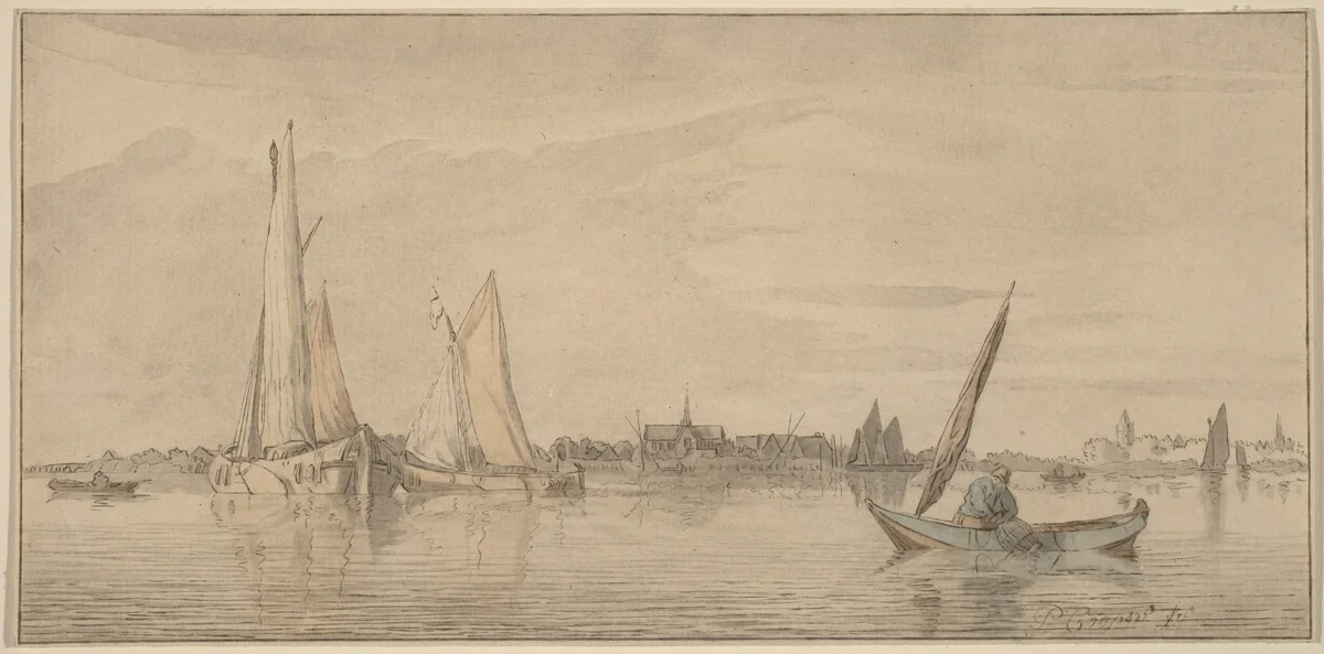 River with Town by Cornelis Ploos van Amstel, print, 1775