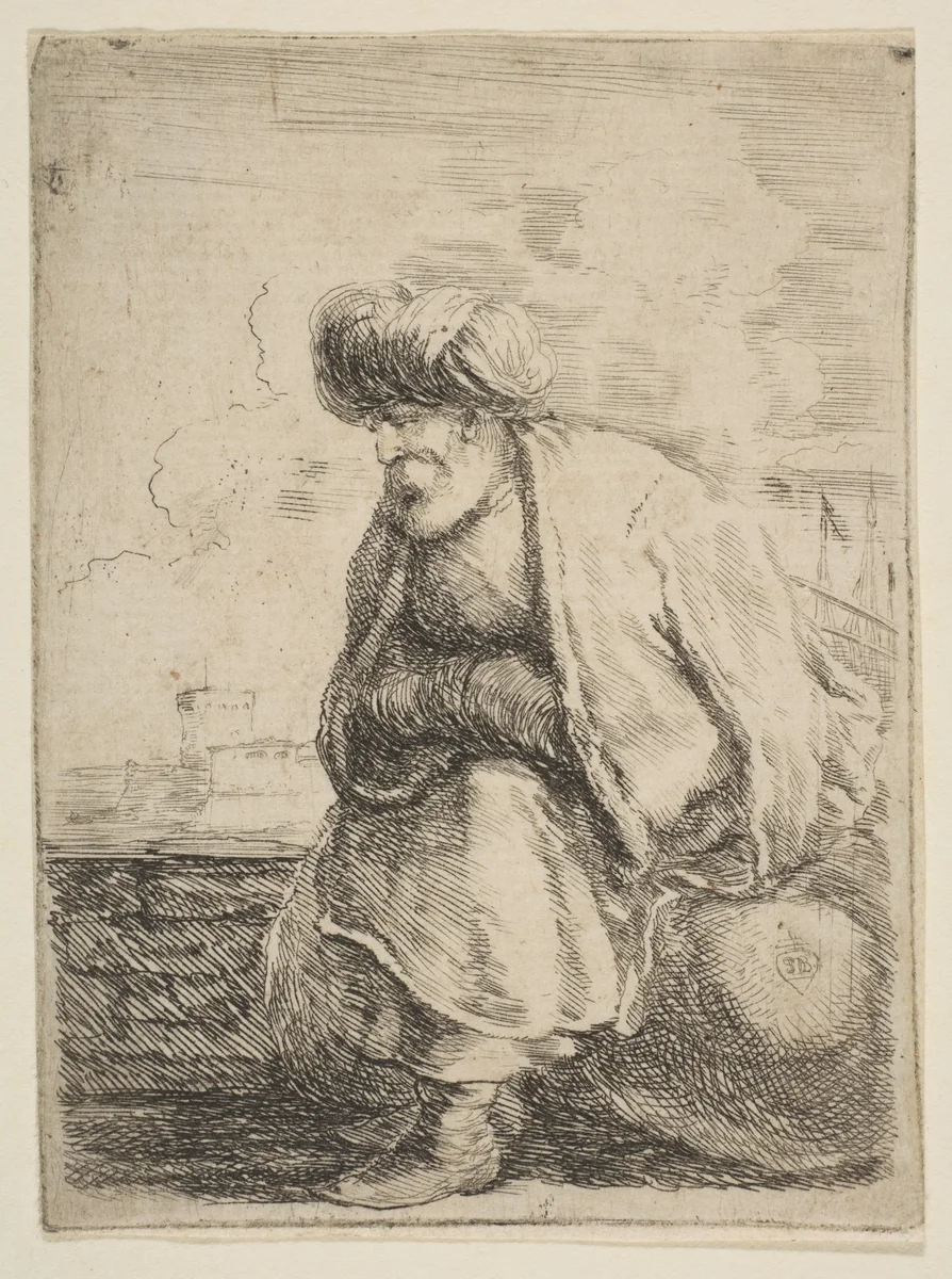 An Old Turk Seated on a Stone by Stefano della Bella, print, 1657-1667