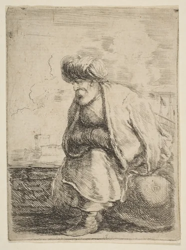An Old Turk Seated on a Stone by Stefano della Bella, print, 1657-1667