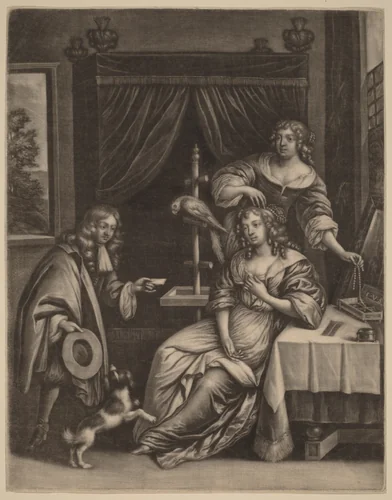 Boy Delivering a Letter to a Woman by Jan van Somer, print, 1645-1699