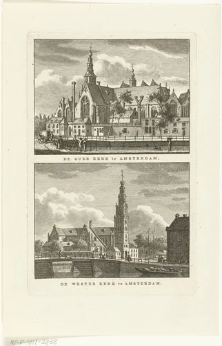 Gezicht op de Oude Kerk en Westerkerk te Amsterdam by Carel Frederik Bendorp, print, 1786-1792