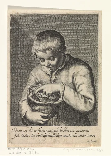 Jongen met vogelnestje by anonymous, print, 1625-1678