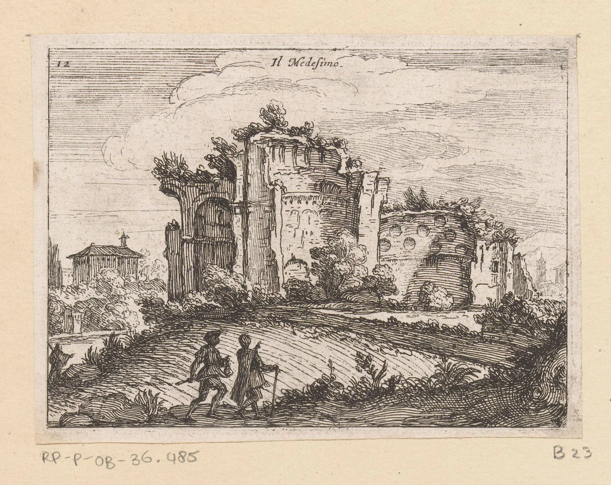 Ruïne in een landschap by Giovanni Battista Mercati, print, 1629
