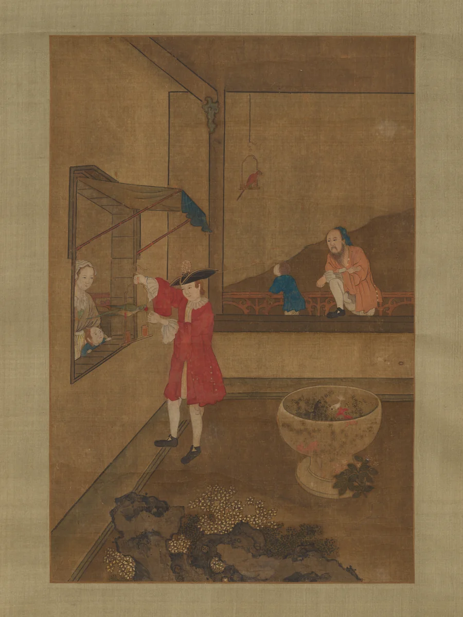 European Couple and Child Playing with Parrot by Unidentified Artist, painting, 1700-1799