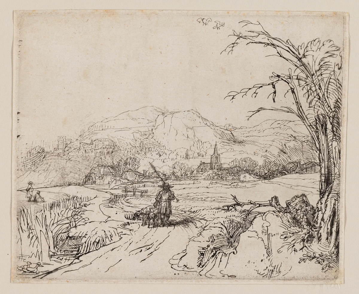 Landscape with Sportsman and Dogs by Rembrandt van Rijn, print, 1643-1653