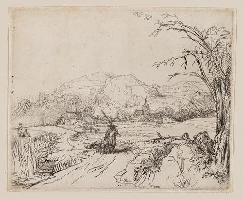 Landscape with Sportsman and Dogs by Rembrandt van Rijn, print, 1643-1653