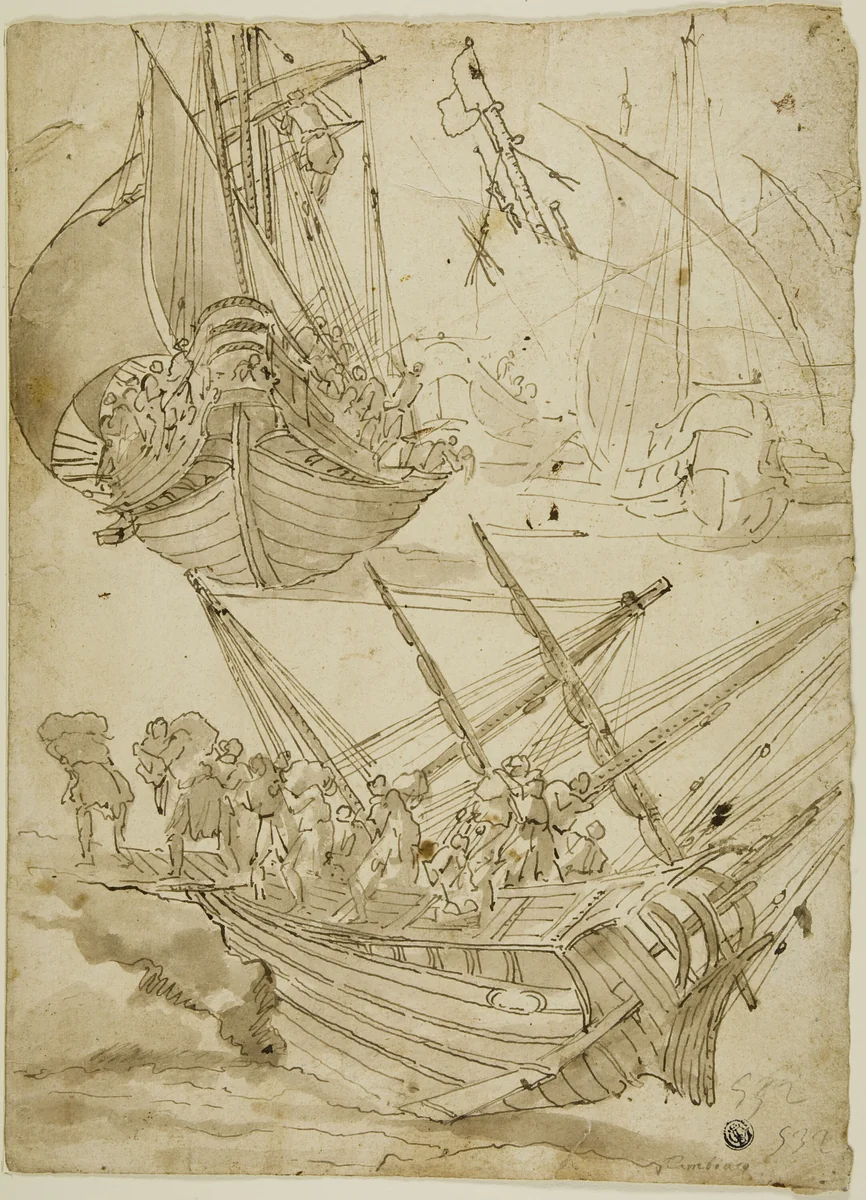 Crew Abandoning Ship (recto) Sketches of Corinthian Columns (verso) by Lazzaro Tavarone, drawing, 1598-1602