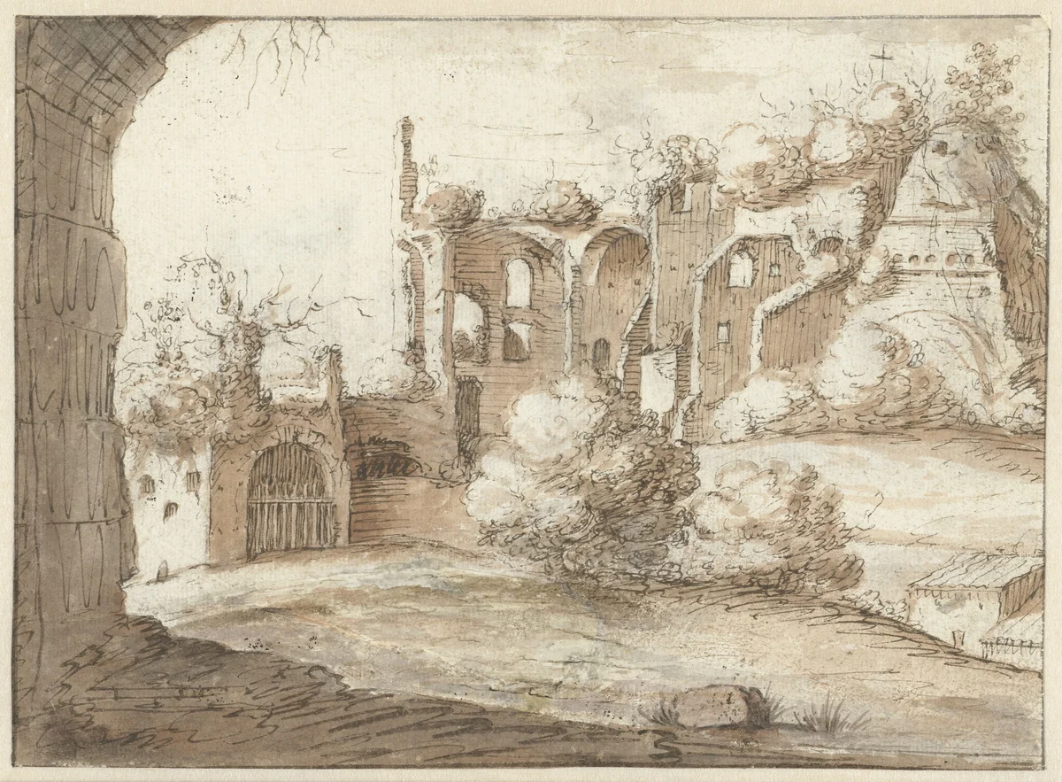 Gezicht op antieke ruïnes by anonymous, drawing, 1600-1699