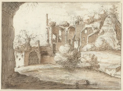 Gezicht op antieke ruïnes by anonymous, drawing, 1600-1699