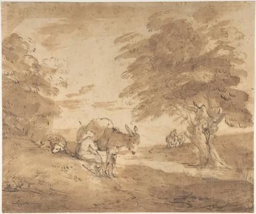 A Rest by the Way (Open Landscape with Figures, Donkey and Horses) by Thomas Gainsborough, drawing, 1775-1785