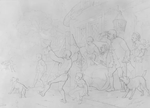 Illustration to William Cowper's Poem "The Diverting History of John Gilpin": John Gilpin's Neighbors Cheer His Speedy Departure from Town as His Horse Runs Away with Him by John Whetten Ehninger, artwork, 1857