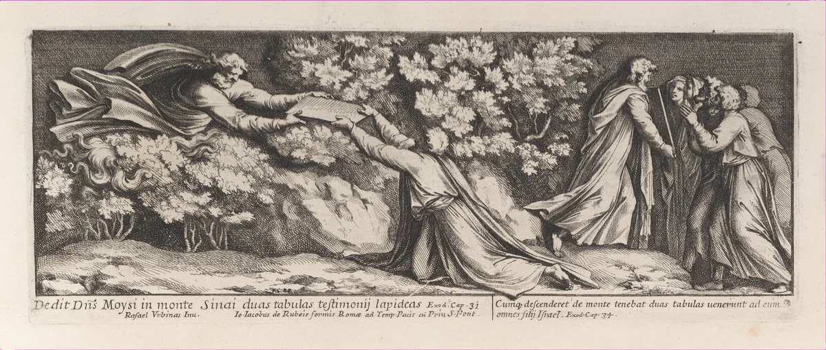 Moses receiving the tablets of the law on Mount Sinai, after Raphael's Stanza di Eliodoro, from a series of 15 plates, depicting Raphael's works for the Vatican stanze and the Sistine Chapel tapestries by Pietro Santi Bartoli, print, 1650-1670