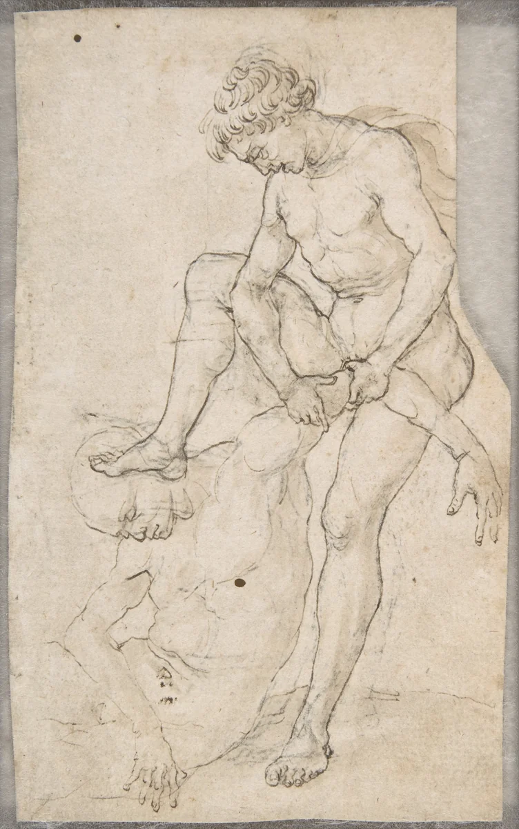 A Warrior Subduing Another (recto); Warrior Seen in Bust-Length with Fantastic Helmet (verso) by Maso Finiguerra, drawing, 1460-1464