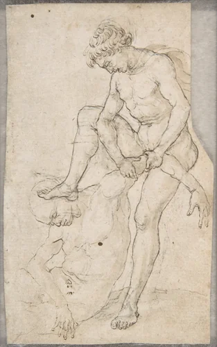 A Warrior Subduing Another (recto); Warrior Seen in Bust-Length with Fantastic Helmet (verso) by Maso Finiguerra, drawing, 1460-1464