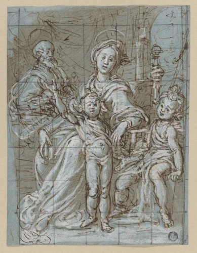 Holy Family with the Infant St. John the Baptist (recto); large-scale cropped sketches of draperies and legs (verso) by Gregorio Pagani, drawing, 1590-1592