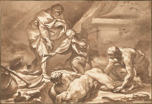 Tobit Burying the Dead by Domenico Piola, drawing, 1645-1655