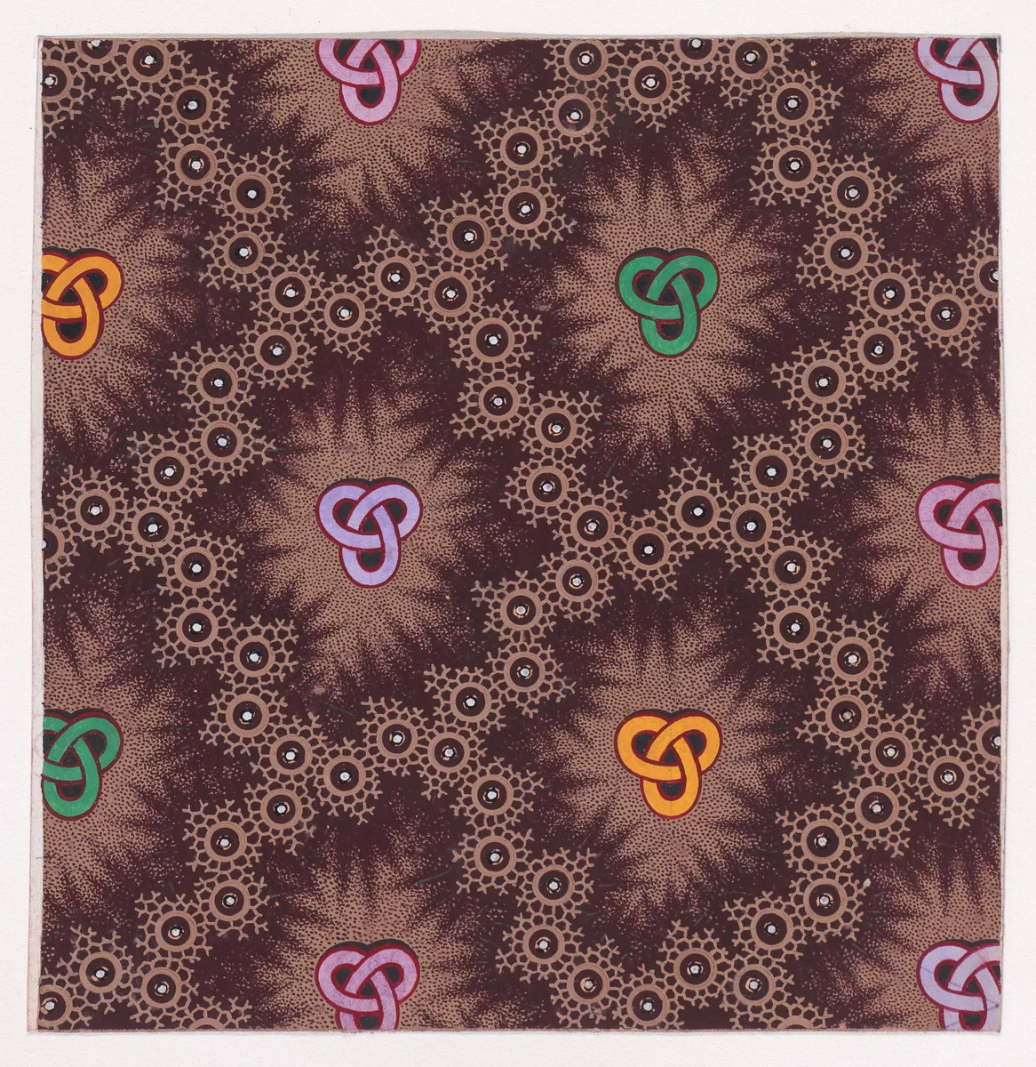 Textile Design with Trefoil Knots Framed by an Interlacing Honeycomb Pattern with Pearls by anonymous, drawing, 1840