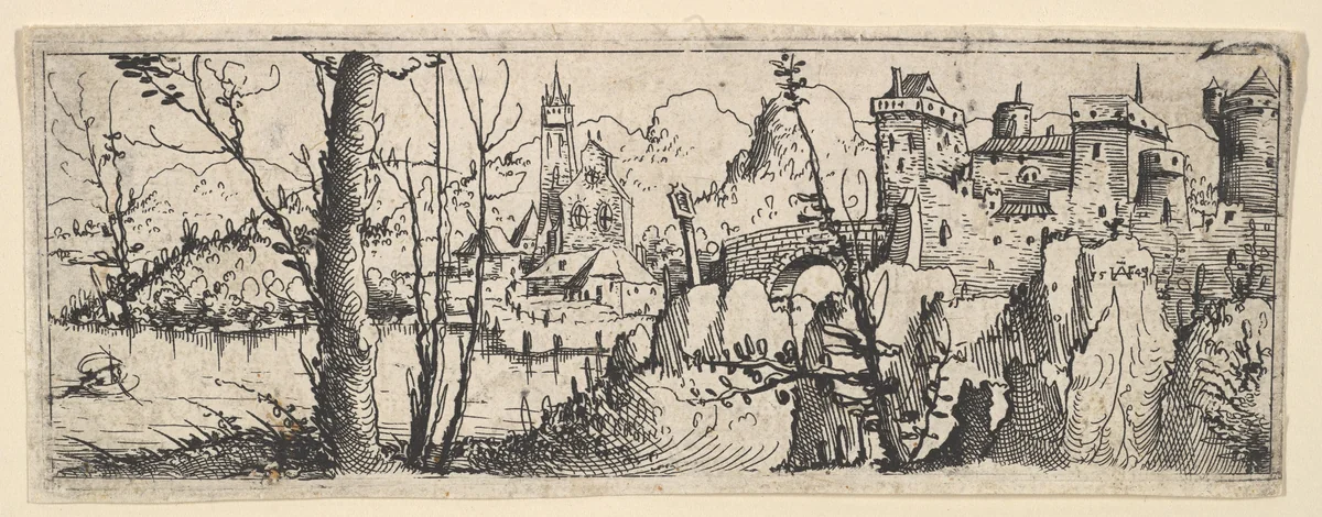Landscape with Fort and a Church on a River by Augustin Hirschvogel, print, 1545